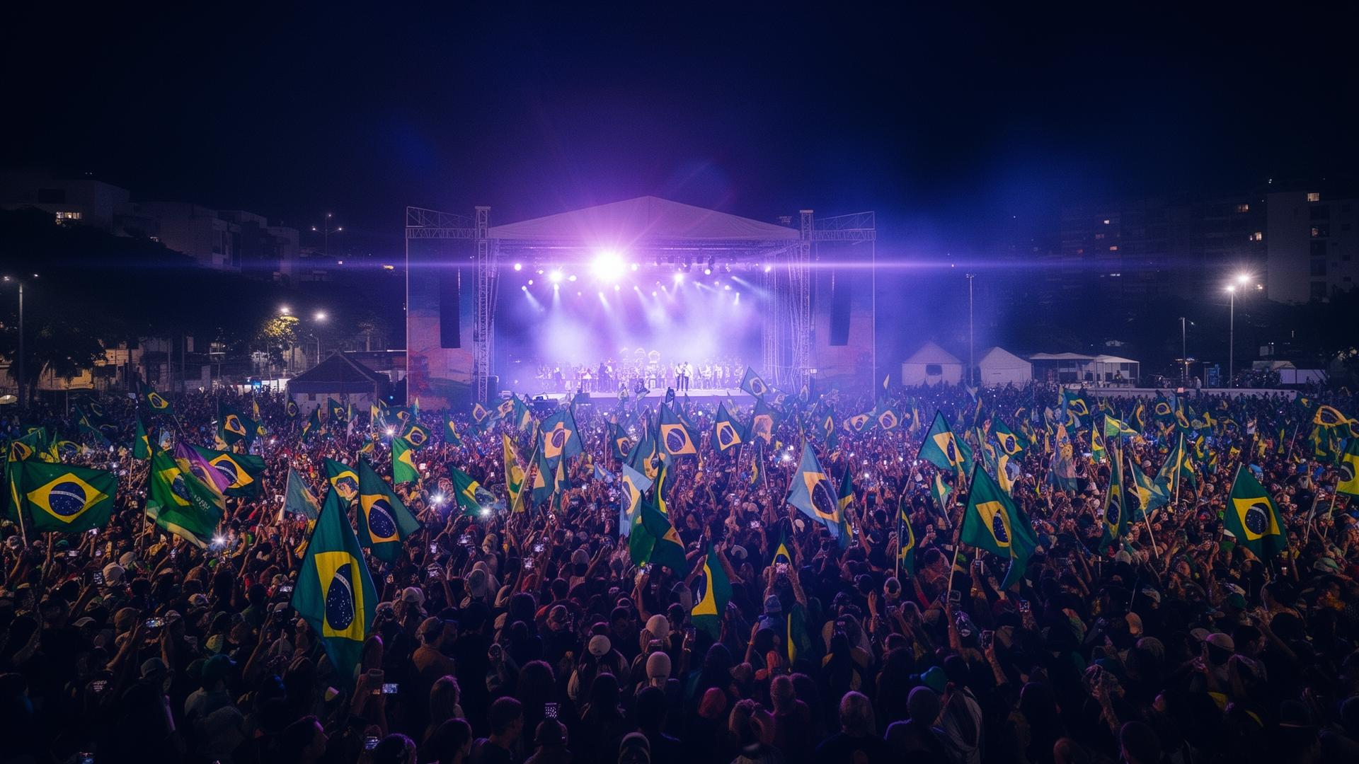 Comício político brasileiro vibrante com multidão e bandeiras